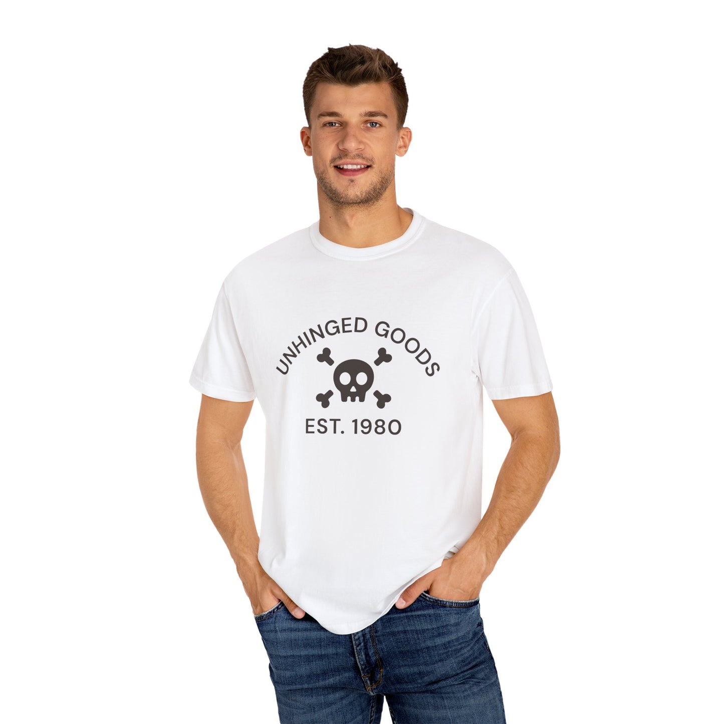 Unisex Garment-Dyed T-Shirt - Unhinged Goods Skull Print, Est. 1980
