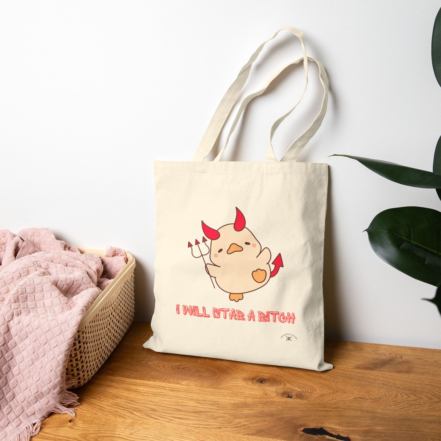 "I Will St@b a B*tch" | Funny Devil Cartoon Cotton Canvas Tote Bag