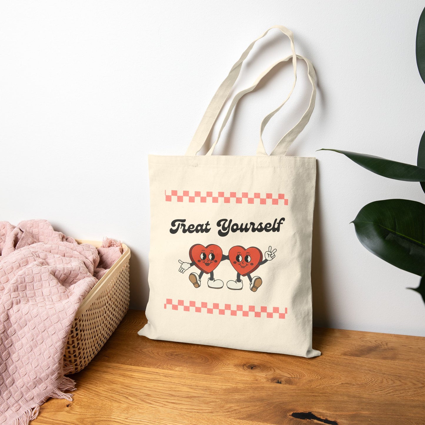 Treat Yourself Heart Design Cotton Canvas Tote Bag