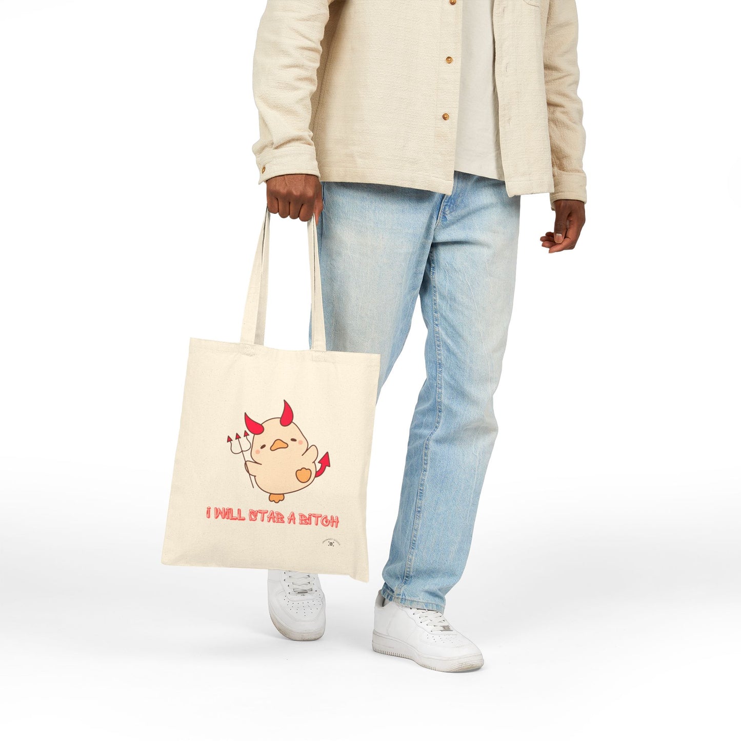"I Will St@b a B*tch" | Funny Devil Cartoon Cotton Canvas Tote Bag