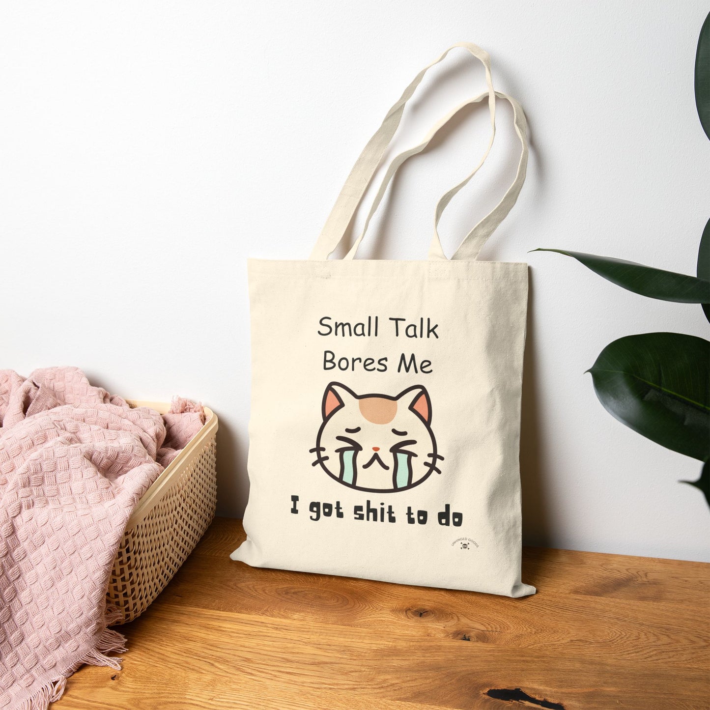 Funny Cat Tote Bag - "Small Talk Bores Me" - Perfect for Cat Lovers