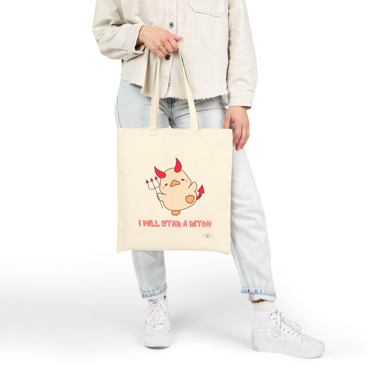 "I Will St@b a B*tch" | Funny Devil Cartoon Cotton Canvas Tote Bag