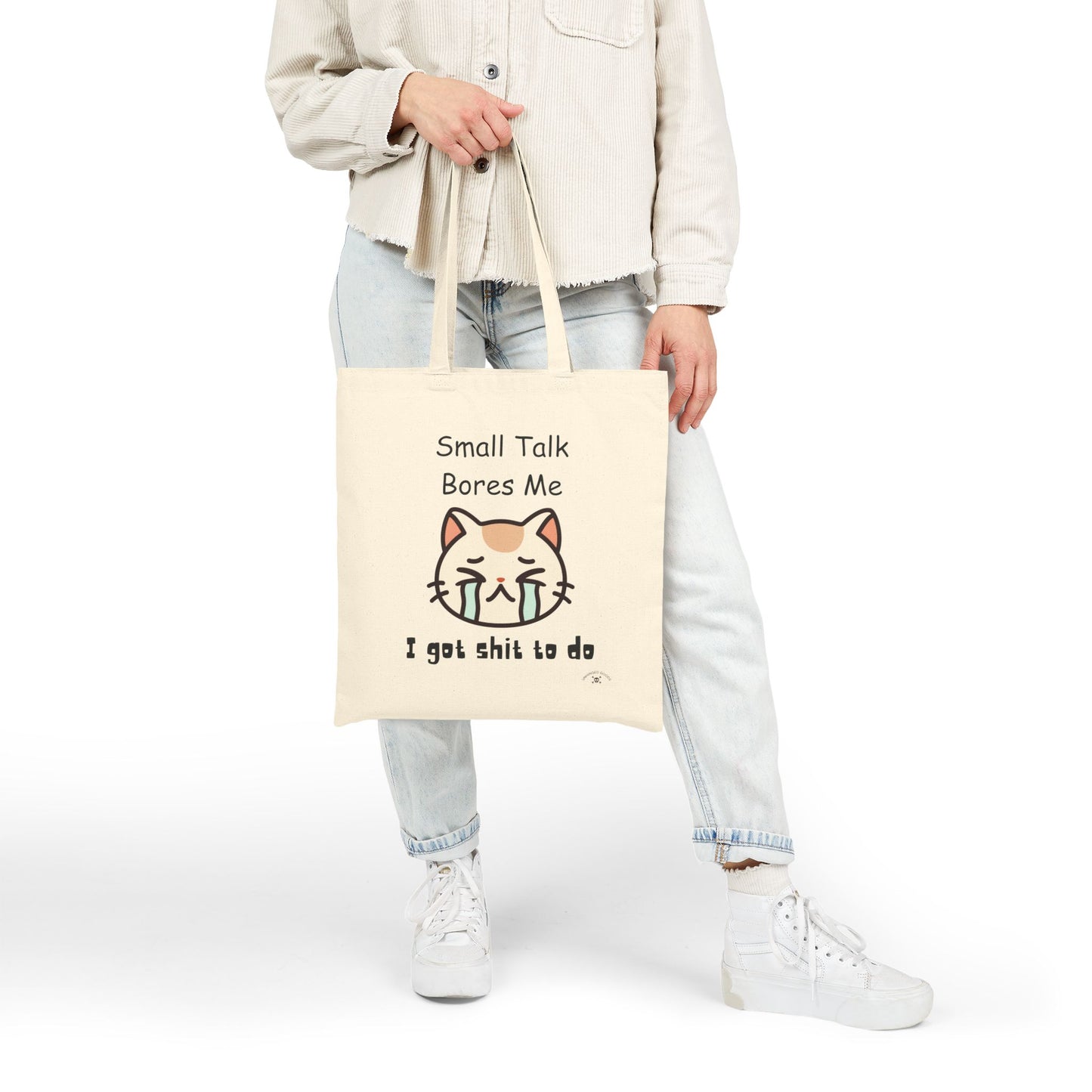 Funny Cat Tote Bag - "Small Talk Bores Me" - Perfect for Cat Lovers